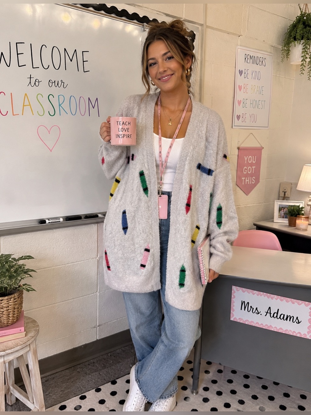 Cardigan Cream Teacher Open-Front Sweater Cardigan with Colorful crayon Accent